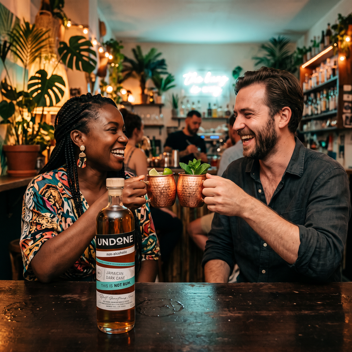 Friends toasting Jamaican Mules at a bar with an UNDONE No. 1 NOT RUM bottle