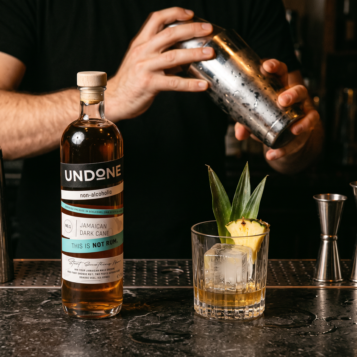Bartender shaking a Jungle Bird beside the UNDONE No. 1 NOT RUM bottle
