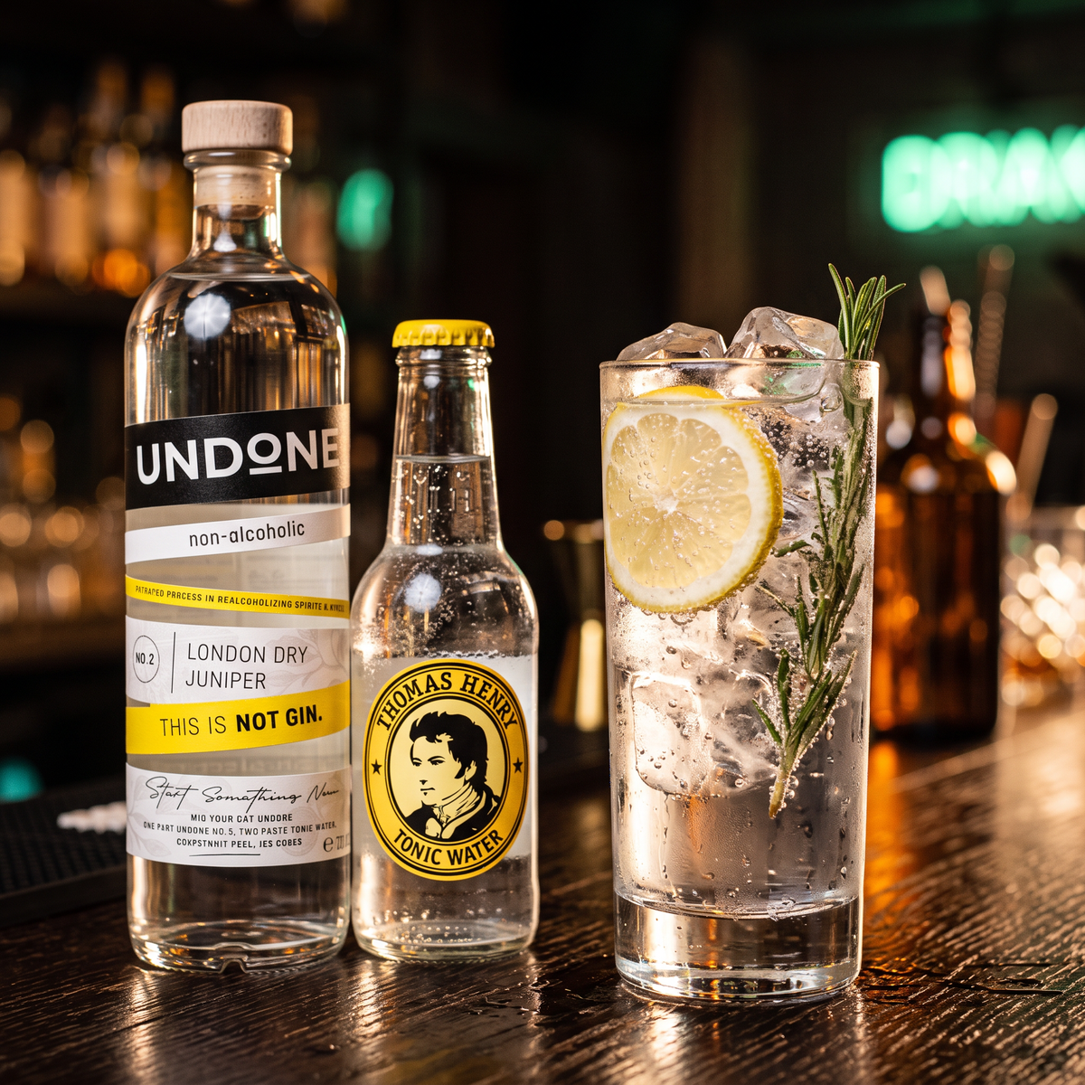 UNDONE No. 2 NOT GIN and Tonic with Thomas Henry Tonic Water, lemon wheel and rosemary