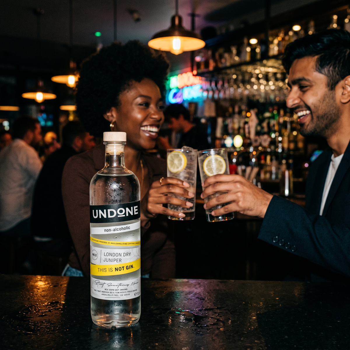 Friends toasting NOT GIN and Tonics at a bar with an UNDONE No. 2 NOT GIN bottle