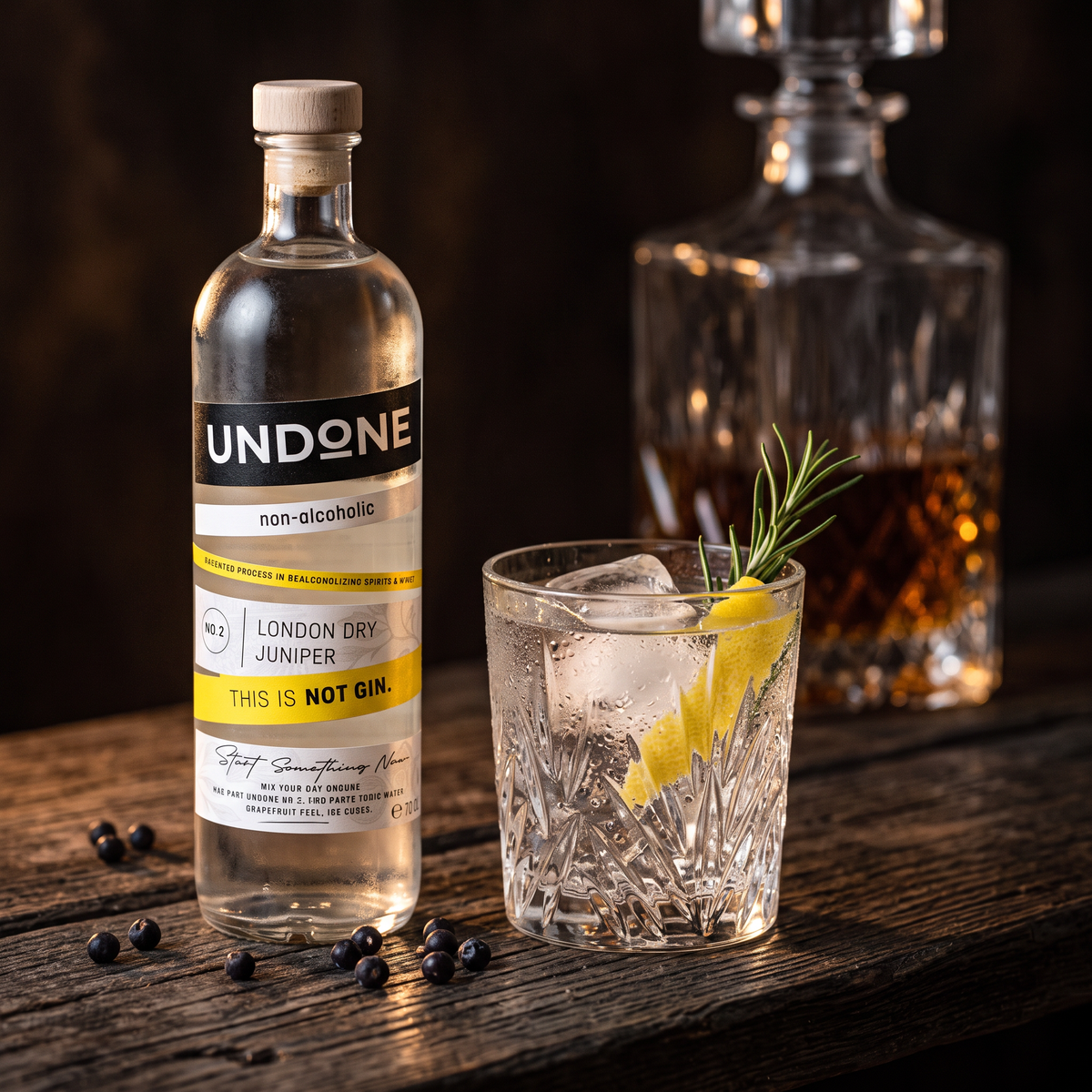 UNDONE No. 2 NOT GIN with a crystal tumbler, lemon peel, rosemary and juniper