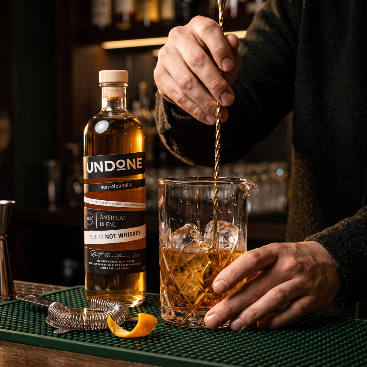 Bartender stirring an Old Fashioned beside the UNDONE No. 3 NOT WHISKEY bottle