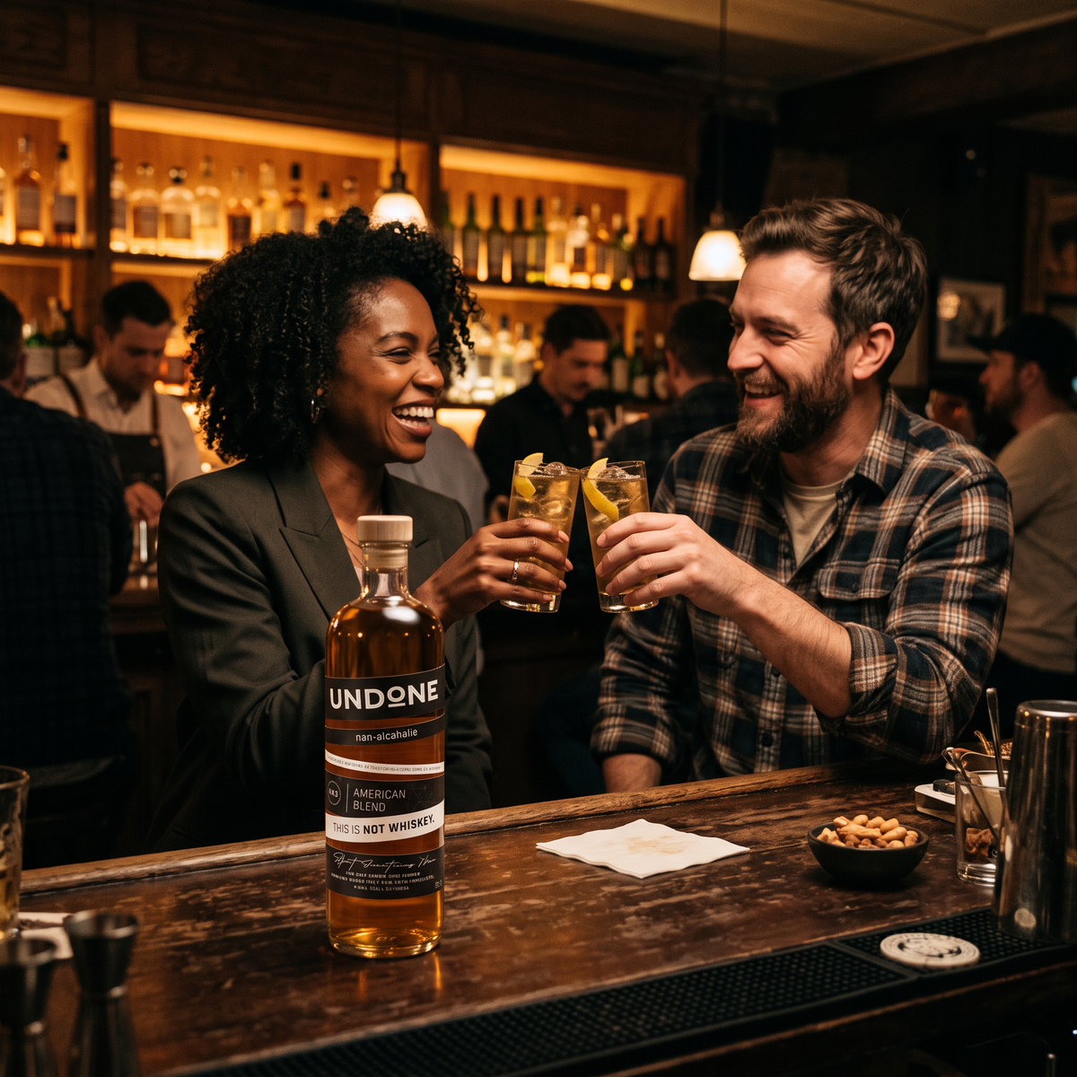 Friends toasting Whiskey Gingers at a bar with an UNDONE No. 3 NOT WHISKEY bottle
