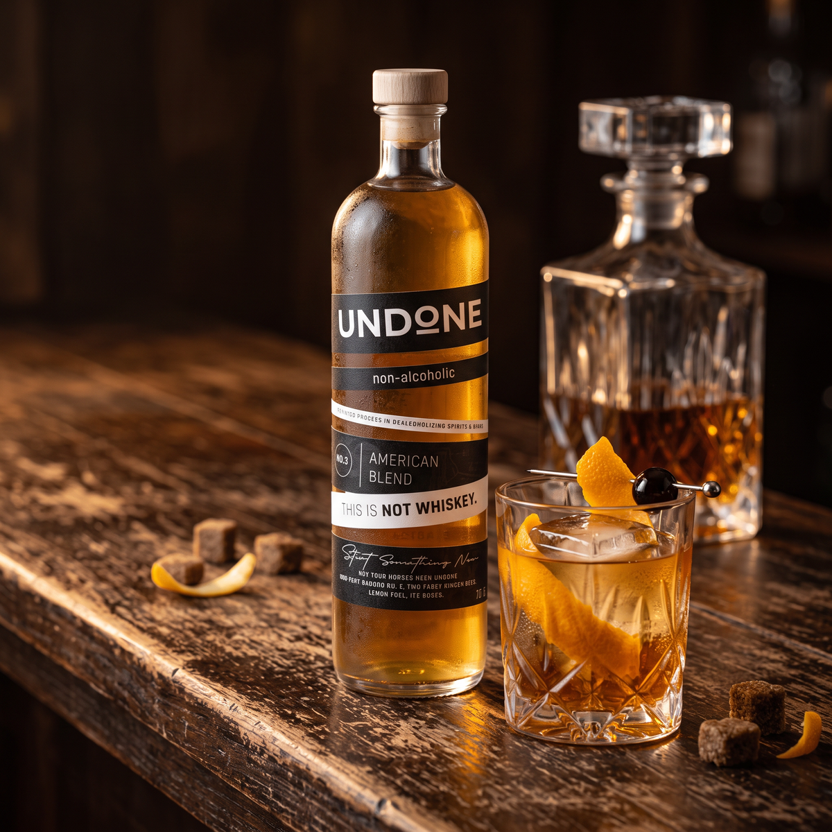 UNDONE No. 3 NOT WHISKEY with an Old Fashioned, orange peel and a decanter