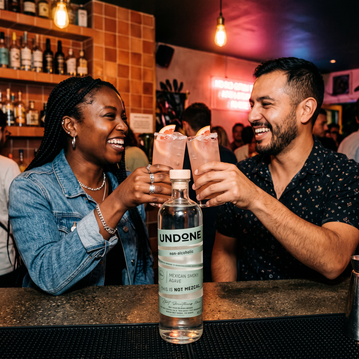 Friends toasting Palomas at a bar with an UNDONE No. 4 NOT MEZCAL bottle