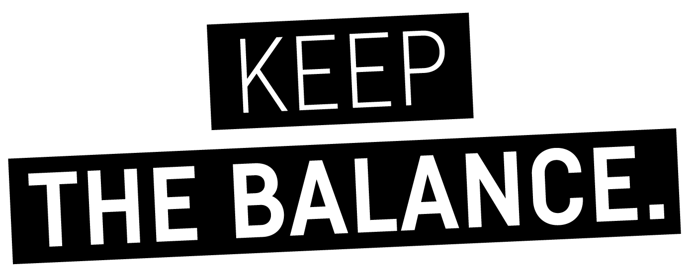Banner mit schwarzem Hintergrund und weißer Schrift. Text: Keep the balance.