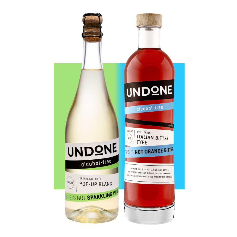 undone alcohol-free Sparking cuvée Flaschen und 1 undone alcohol-free still drink Flaschen