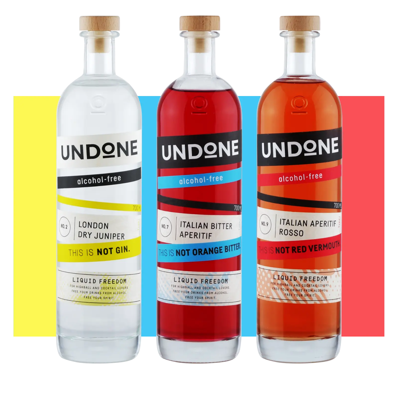 Drei Flaschen Undone Negroni Bundle, London Dry Junioer, Italian Bitter Aperitif und Italian Aperitif Rosso