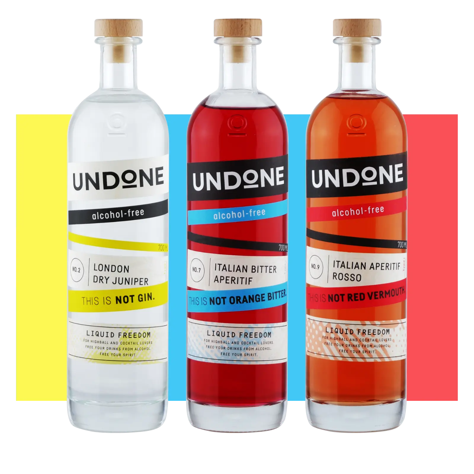 Drei Flaschen Undone Negroni Bundle, London Dry Junioer, Italian Bitter Aperitif und Italian Aperitif Rosso
