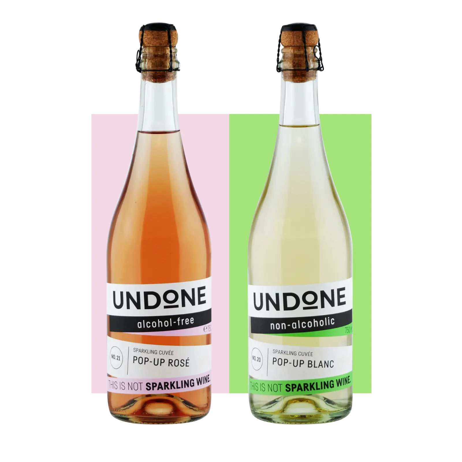 Eine Flasche Undone No. 21 Pop-Up Rosé und eine Flasche Undone No. 20 Pop-Up Blanc, this is not sparkling wine