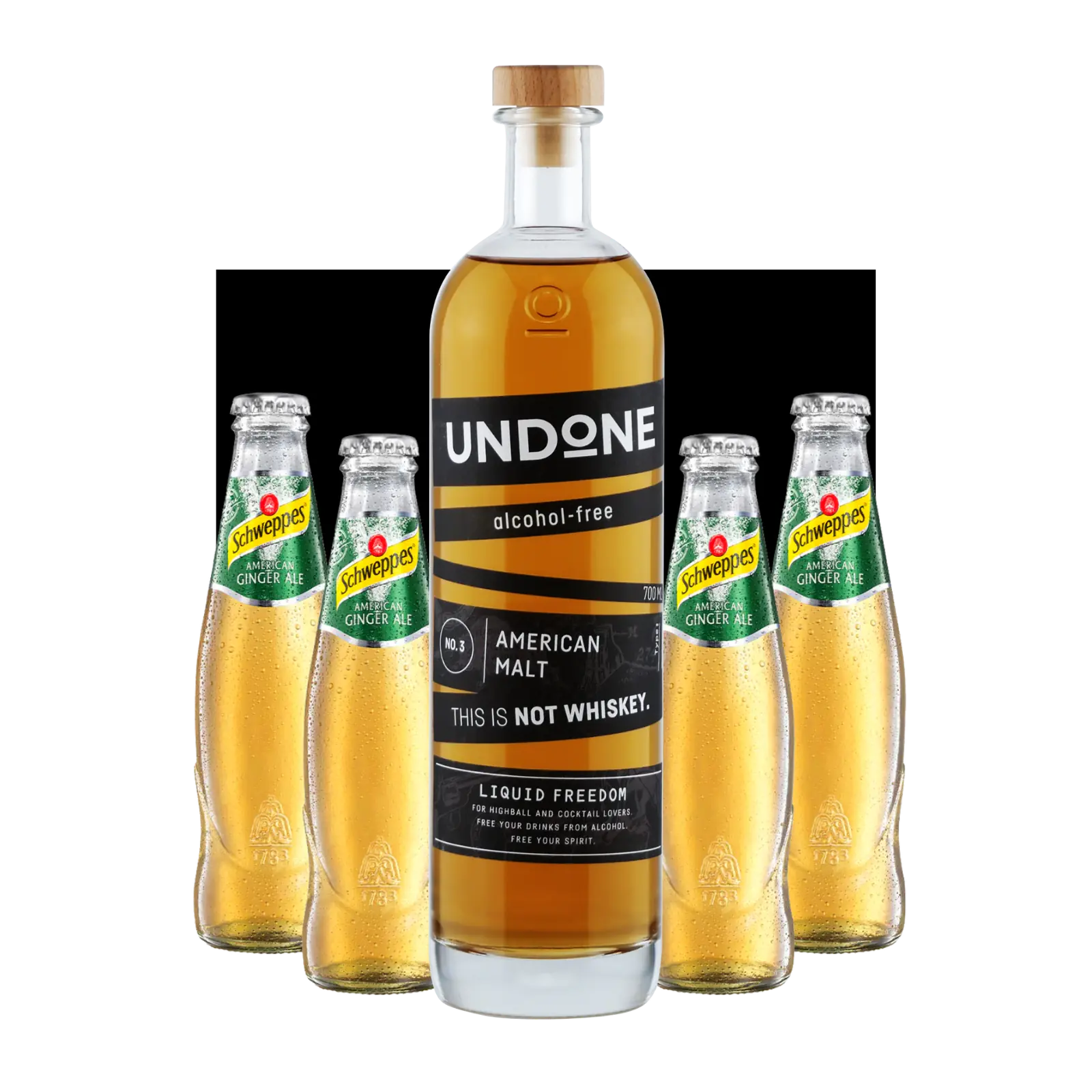 Eine Flasche Undone No. 3 American Malt und vier Flaschen Ginger Ale